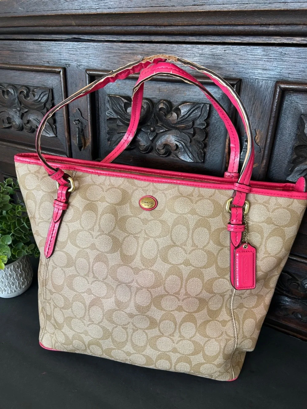 Coach Tan Signature Canvas Tote with Pink Trim and Handles